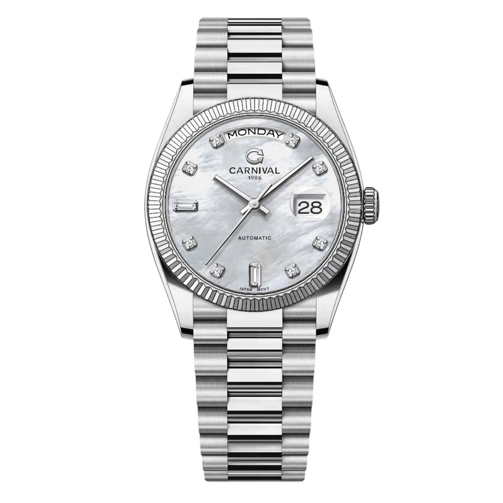 Đồng Hồ Nam Carnival 8239G-VT-TK Automatic Dây Thép Bạc Mặt Xà Cừ Trắng Size 38mm Chính Hãng