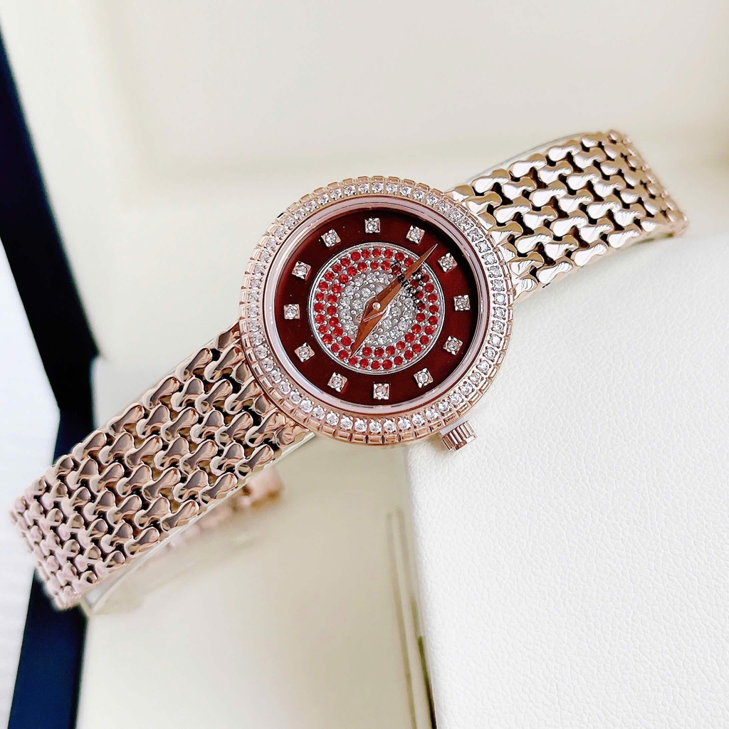 Đồng Hồ Nữ Franklin FL5688 Chính Hãng Dây Thép Vàng Hồng Mặt Nâu Size 29mm Viền Đá Tặng Kèm Phụ Kiện