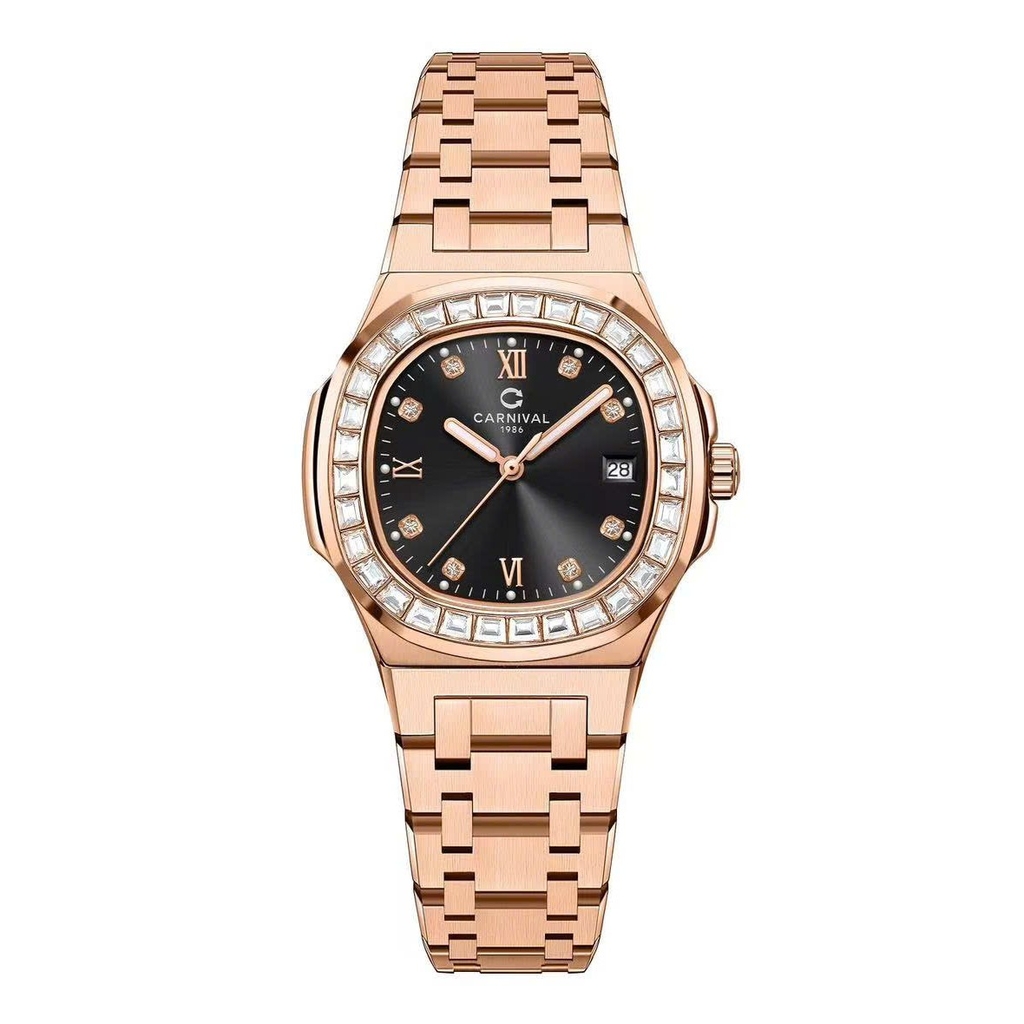 Đồng Hồ Nữ Carnival 8160L2-VH-D Vàng Hồng Mặt Đen Viền Đá Size 34mm Sapphire