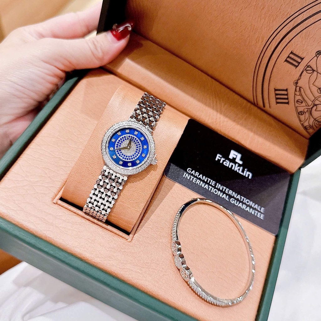 Đồng Hồ Nữ Franklin FL5688 Chính Hãng Dây Thép Silver Mặt Xanh Size 29mm Viền Đá Tặng Kèm Lắc Tay