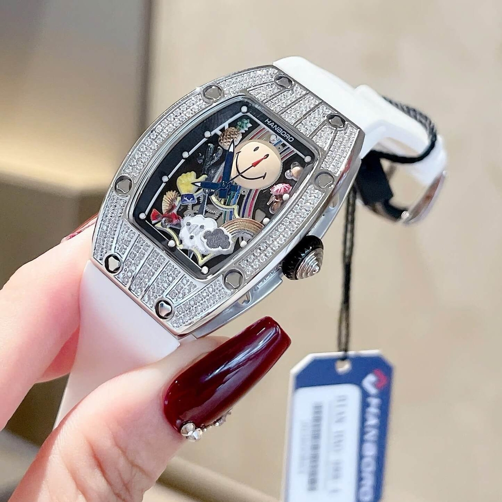Đồng Hồ Nữ Hanboro Mặt Cười Dây Cao Su Trắng Chính Hãng Đính Đá Silver Mặt Size 36mm Quartz