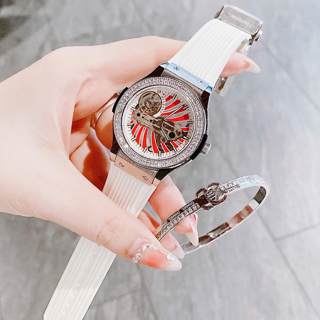 Set Đồng Hồ Hanboro Nữ Automatic Dây Cao Su Trắng Viền Đá Size 36mm Vỏ Silver Tặng Kèm Vòng Tay