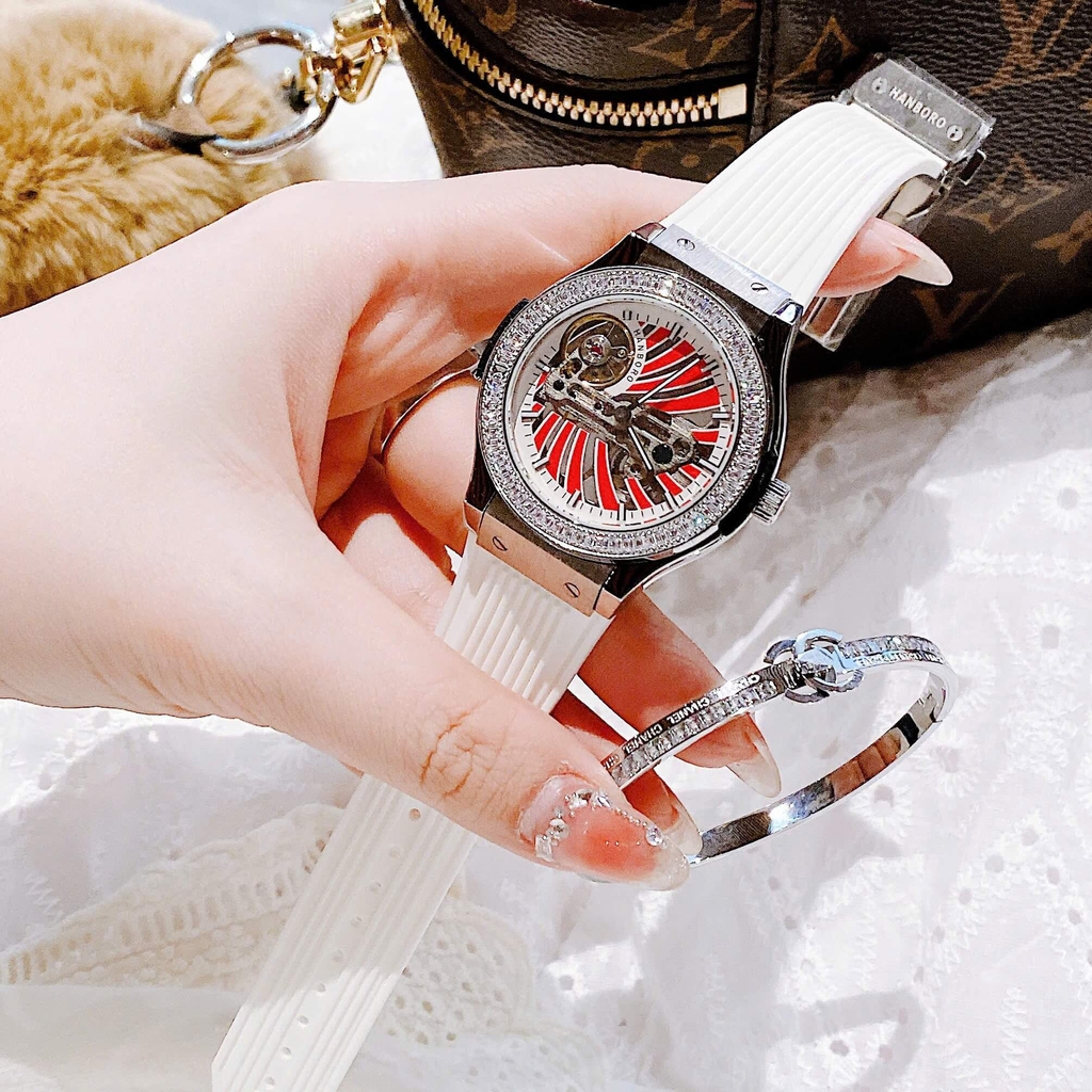 Set Đồng Hồ Hanboro Nữ Automatic Dây Cao Su Trắng Viền Đá Size 36mm Vỏ Silver Tặng Kèm Vòng Tay