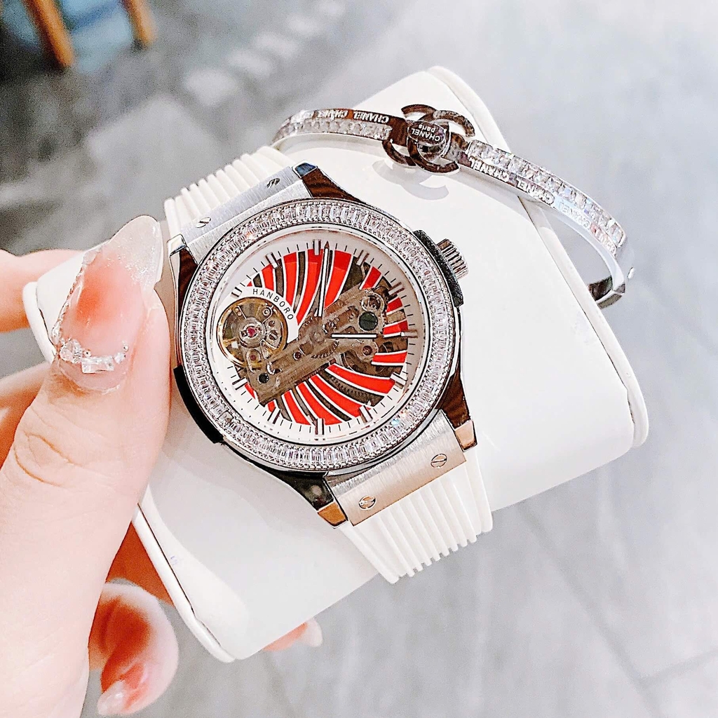 Set Đồng Hồ Hanboro Nữ Automatic Dây Cao Su Trắng Viền Đá Size 36mm Vỏ Silver Tặng Kèm Vòng Tay