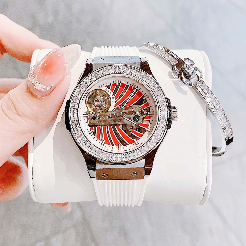 Set Đồng Hồ Hanboro Nữ Automatic Dây Cao Su Trắng Viền Đá Size 36mm Vỏ Silver Tặng Kèm Vòng Tay