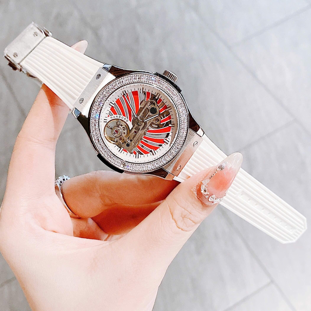 Set Đồng Hồ Hanboro Nữ Automatic Dây Cao Su Trắng Viền Đá Size 36mm Vỏ Silver Tặng Kèm Vòng Tay