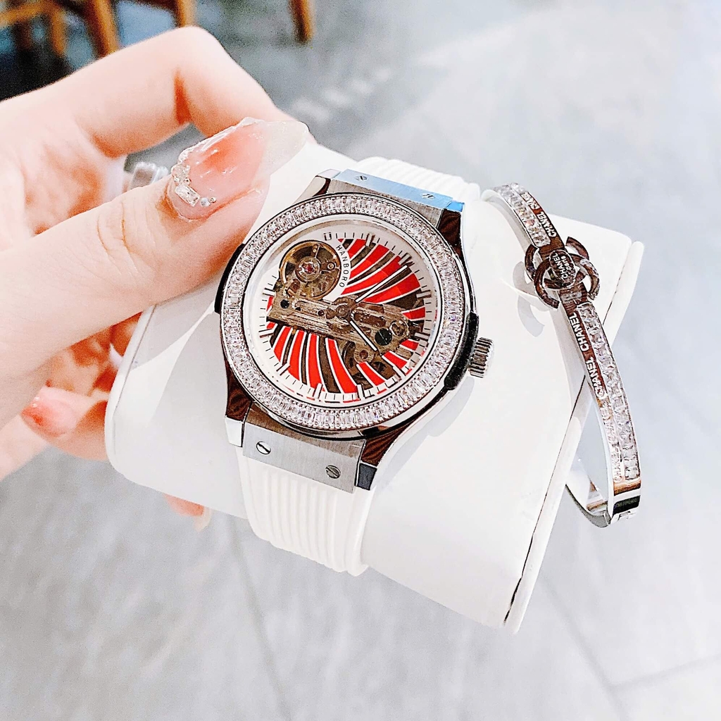 Set Đồng Hồ Hanboro Nữ Automatic Dây Cao Su Trắng Viền Đá Size 36mm Vỏ Silver Tặng Kèm Vòng Tay