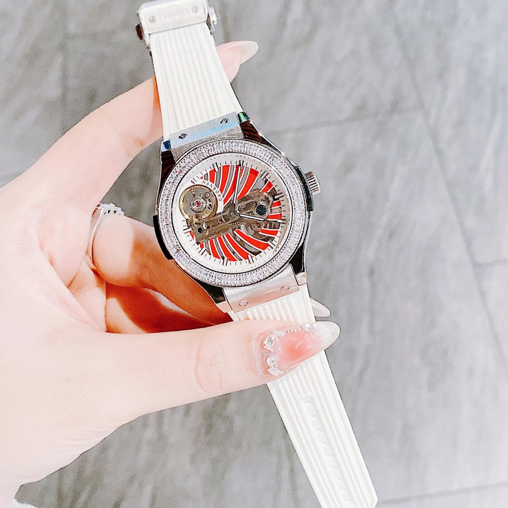 Set Đồng Hồ Hanboro Nữ Automatic Dây Cao Su Trắng Viền Đá Size 36mm Vỏ Silver Tặng Kèm Vòng Tay