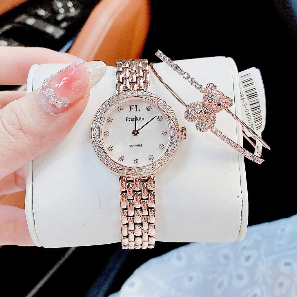Set Đồng Hồ Nữ Franklin Chính Hãng Màu Vàng Hồng Size 29mm Kèm Lắc Tay Gấu Franklin FL41810