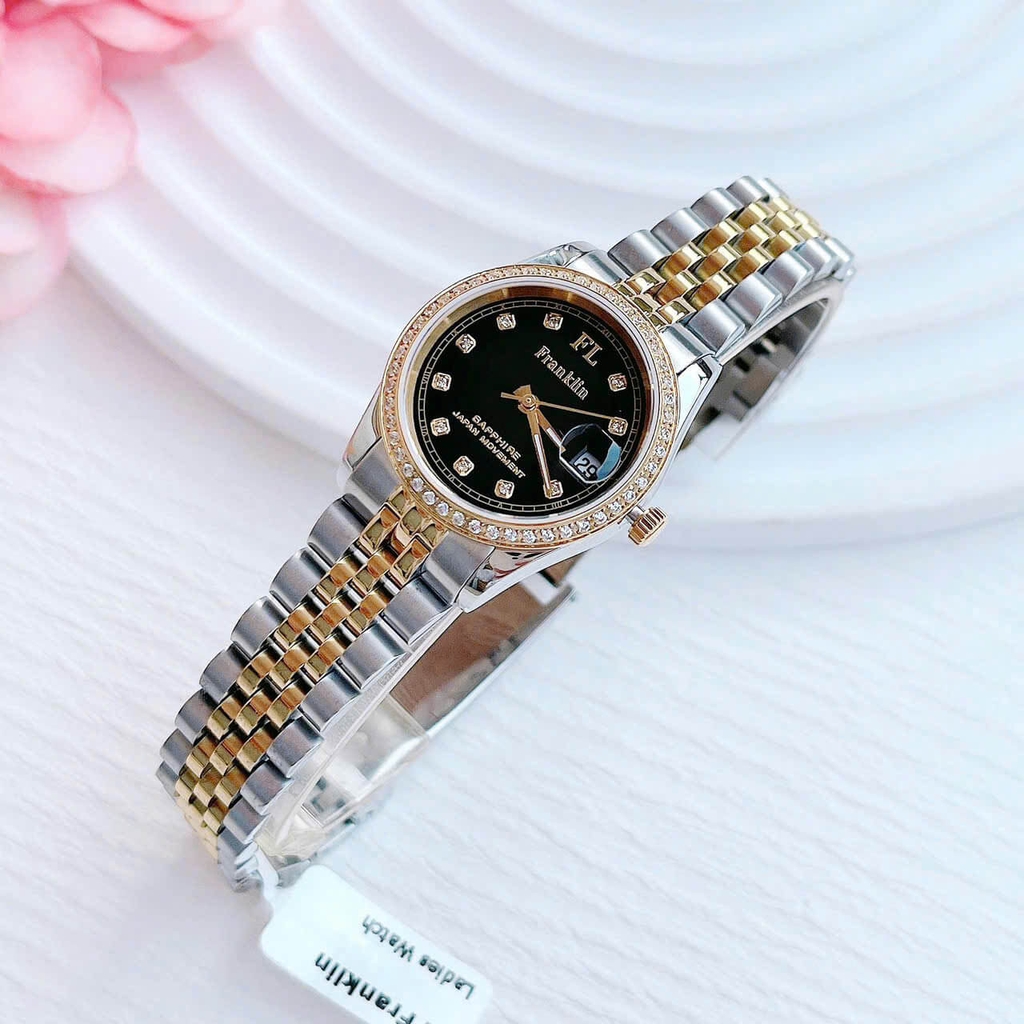 Set Đồng Hồ Nữ Franklin FL4412 Dây Thép Demi Vàng Gold Mặt Đen Size 28mm Quartz Tặng Kèm Vòng Tay