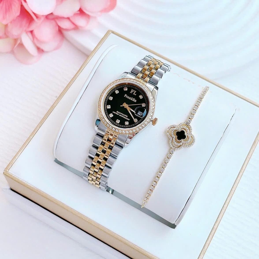 Set Đồng Hồ Nữ Franklin FL4412 Dây Thép Demi Vàng Gold Mặt Đen Size 28mm Quartz Tặng Kèm Vòng Tay
