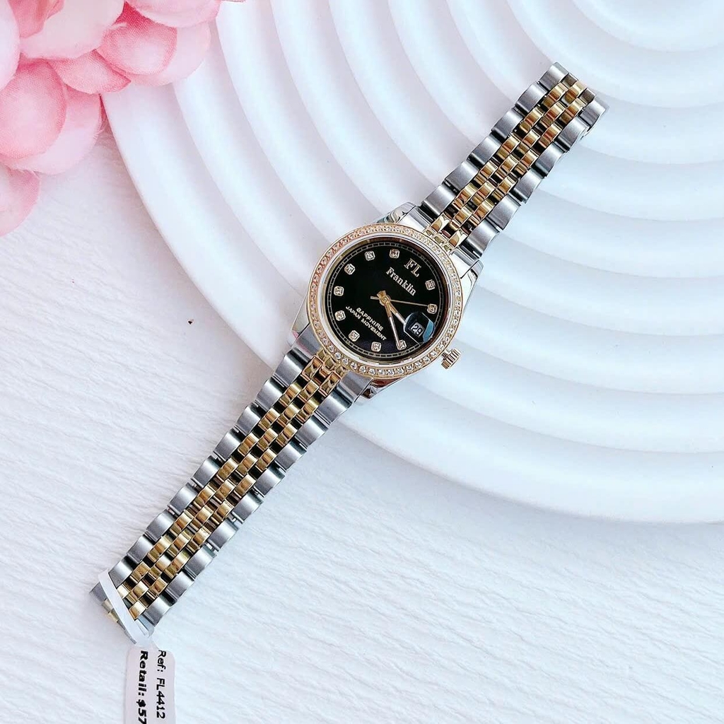 Set Đồng Hồ Nữ Franklin FL4412 Dây Thép Demi Vàng Gold Mặt Đen Size 28mm Quartz Tặng Kèm Vòng Tay
