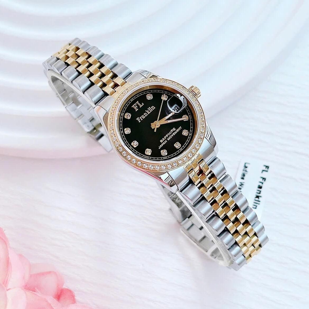Set Đồng Hồ Nữ Franklin FL4412 Dây Thép Demi Vàng Gold Mặt Đen Size 28mm Quartz Tặng Kèm Vòng Tay