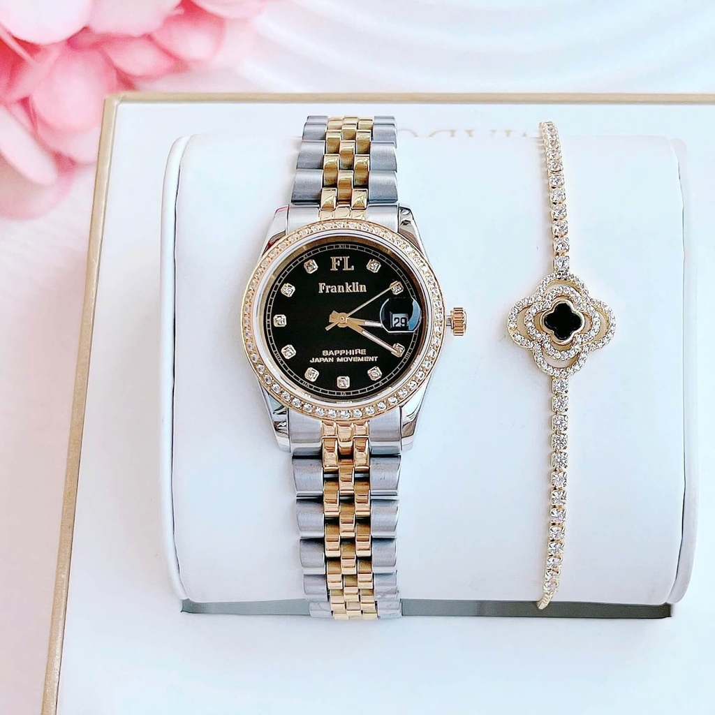 Set Đồng Hồ Nữ Franklin FL4412 Dây Thép Demi Vàng Gold Mặt Đen Size 28mm Quartz Tặng Kèm Vòng Tay