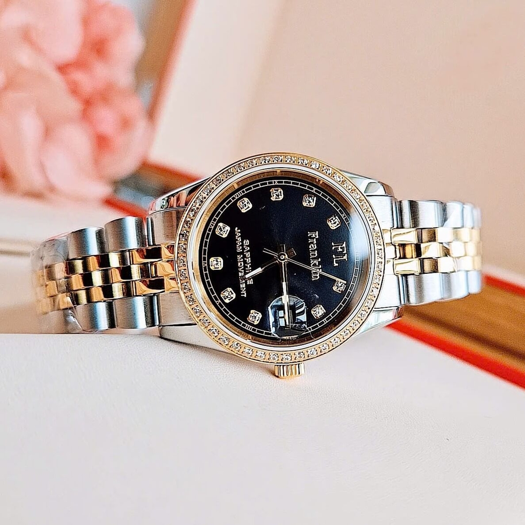 Set Đồng Hồ Nữ Franklin FL4412 Dây Thép Demi Vàng Gold Mặt Đen Size 28mm Quartz Tặng Kèm Vòng Tay
