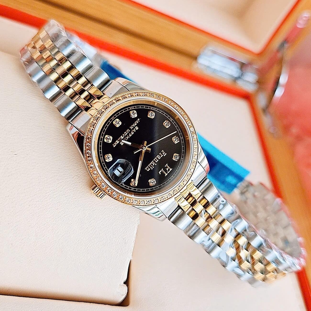 Set Đồng Hồ Nữ Franklin FL4412 Dây Thép Demi Vàng Gold Mặt Đen Size 28mm Quartz Tặng Kèm Vòng Tay