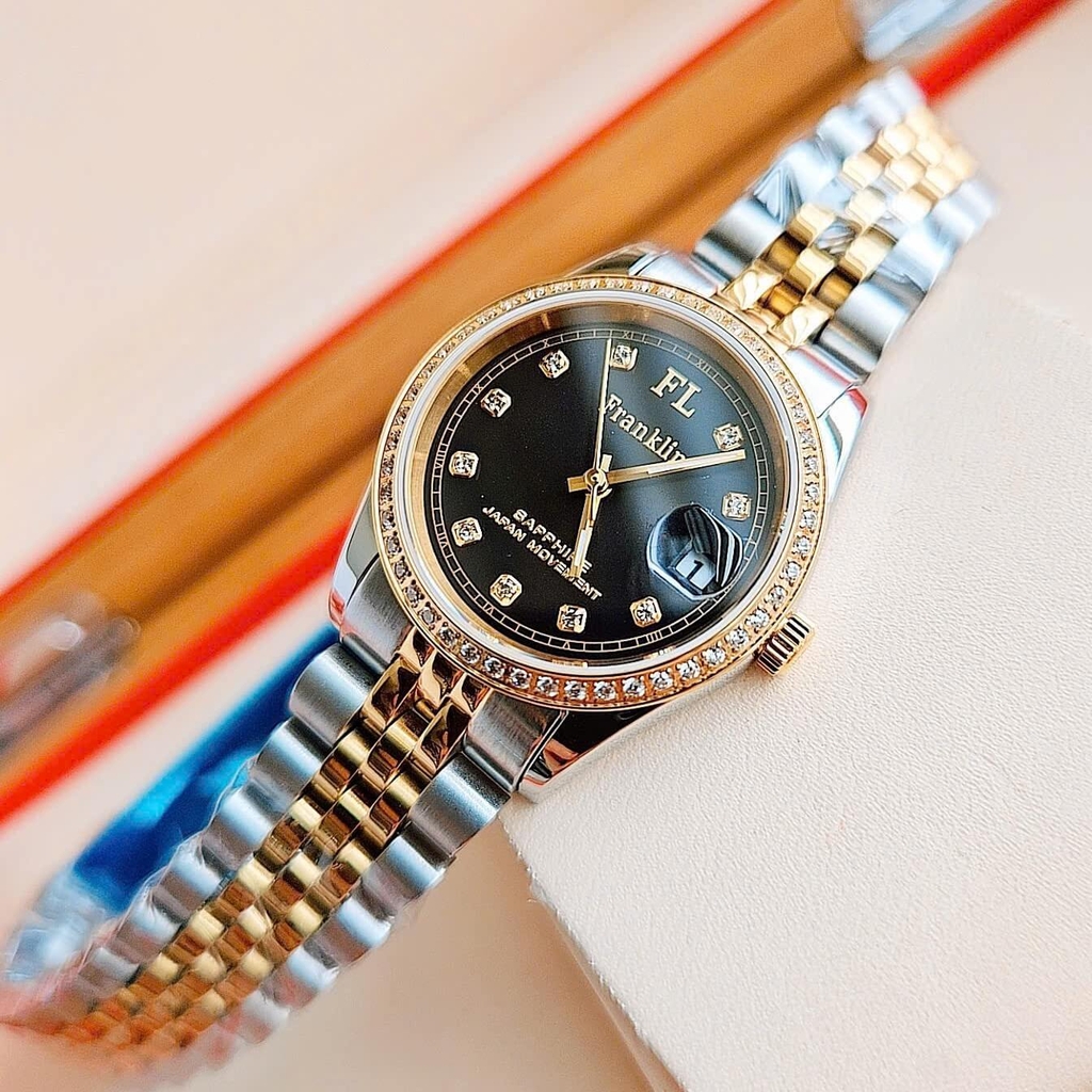 Set Đồng Hồ Nữ Franklin FL4412 Dây Thép Demi Vàng Gold Mặt Đen Size 28mm Quartz Tặng Kèm Vòng Tay