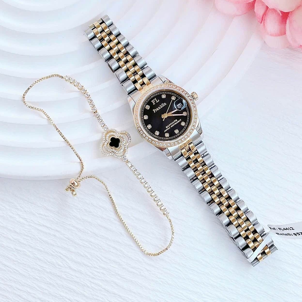 Set Đồng Hồ Nữ Franklin FL4412 Dây Thép Demi Vàng Gold Mặt Đen Size 28mm Quartz Tặng Kèm Vòng Tay