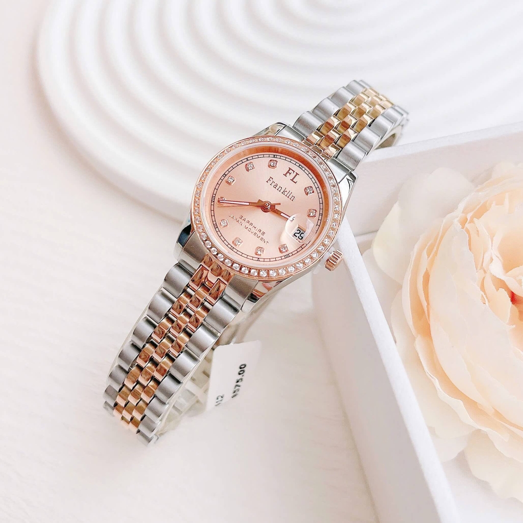 Set Đồng Hồ Nữ Franklin FL4412 Dây Thép Demi Vàng Hồng Size 28mm Quartz Tặng Kèm Vòng Tay