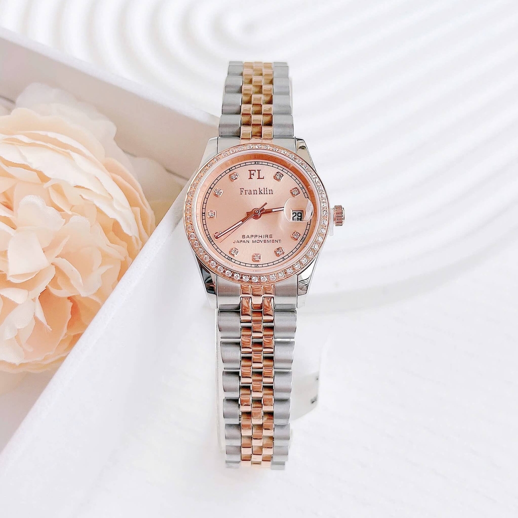Set Đồng Hồ Nữ Franklin FL4412 Dây Thép Demi Vàng Hồng Size 28mm Quartz Tặng Kèm Vòng Tay