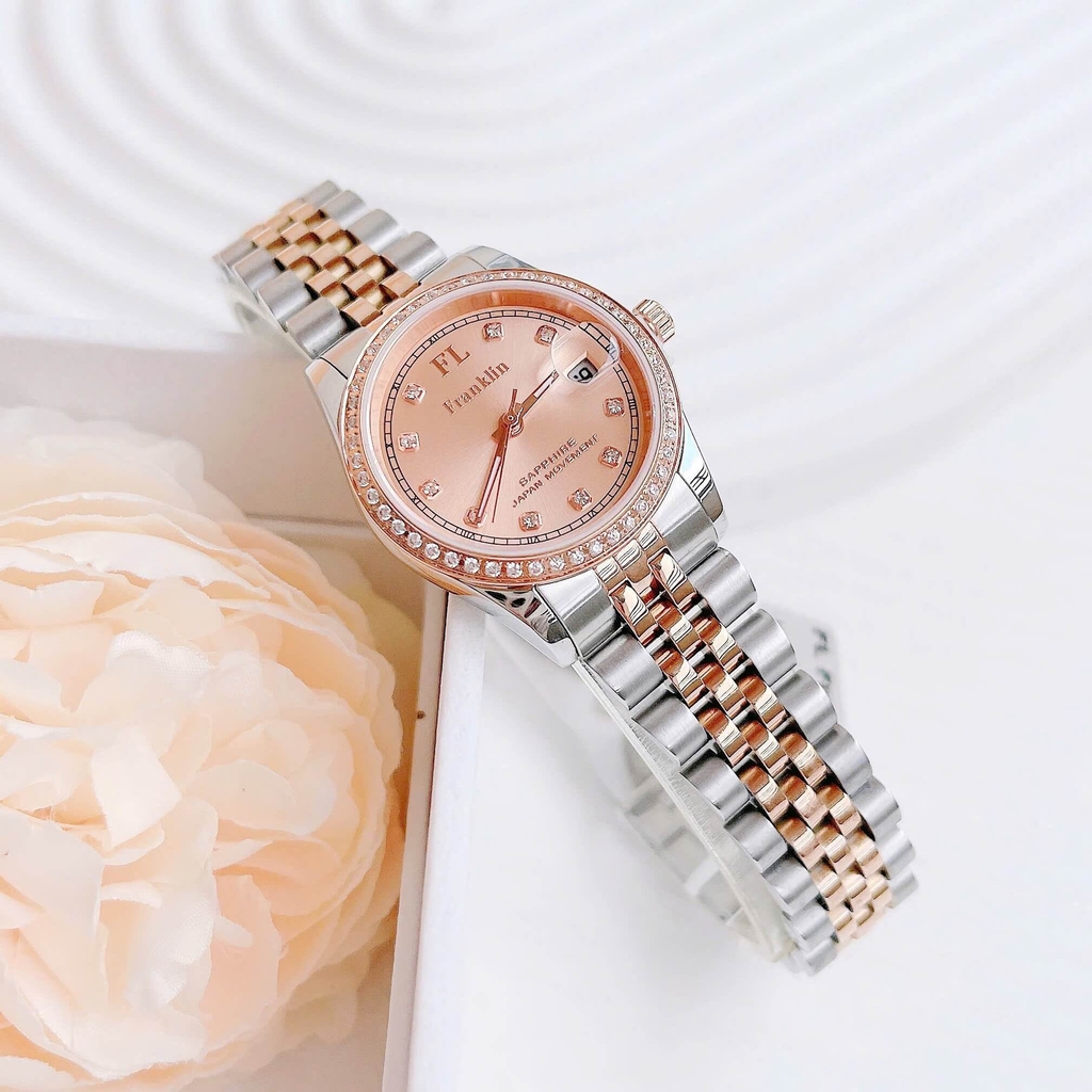 Set Đồng Hồ Nữ Franklin FL4412 Dây Thép Demi Vàng Hồng Size 28mm Quartz Tặng Kèm Vòng Tay