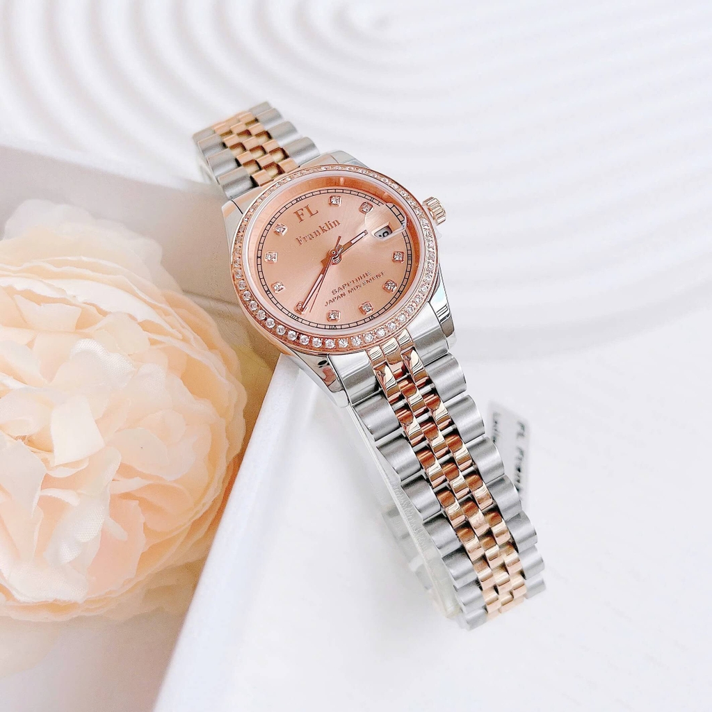 Set Đồng Hồ Nữ Franklin FL4412 Dây Thép Demi Vàng Hồng Size 28mm Quartz Tặng Kèm Vòng Tay