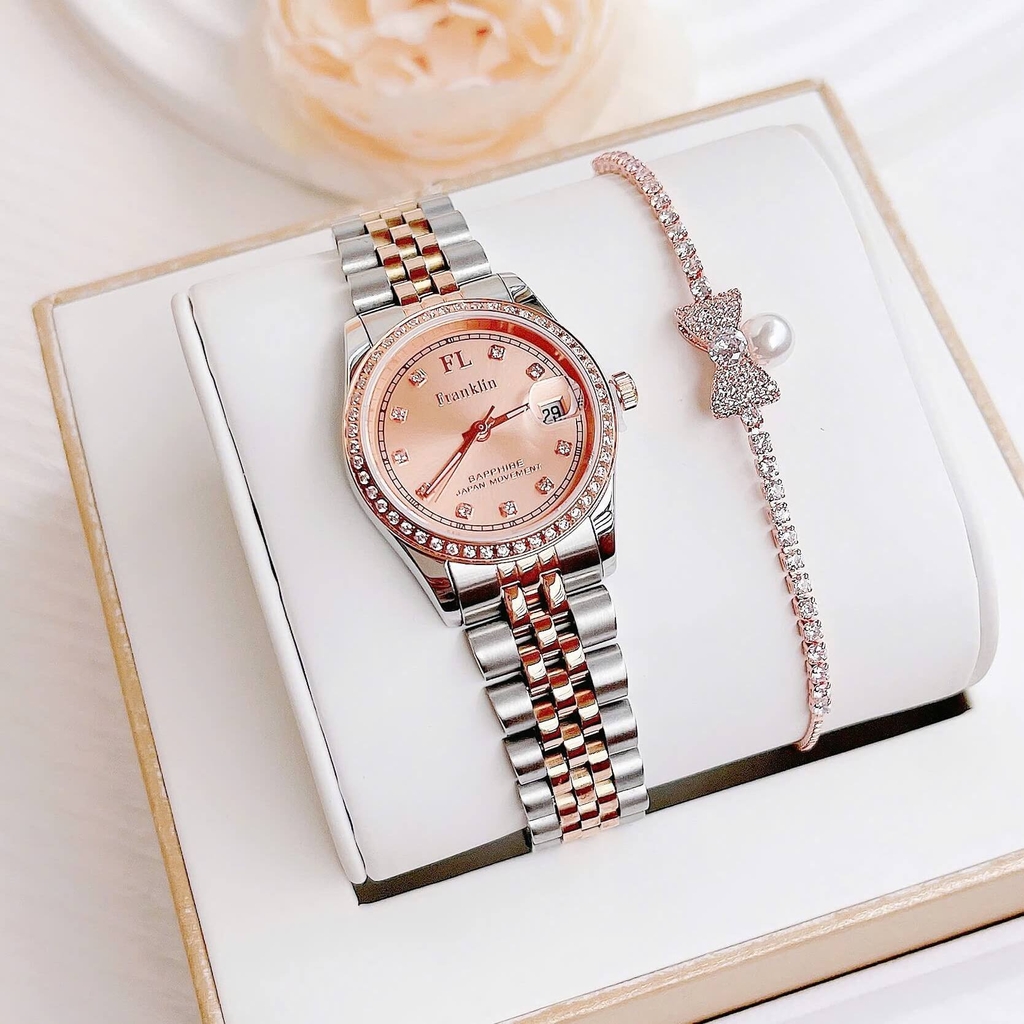 Set Đồng Hồ Nữ Franklin FL4412 Dây Thép Demi Vàng Hồng Size 28mm Quartz Tặng Kèm Vòng Tay