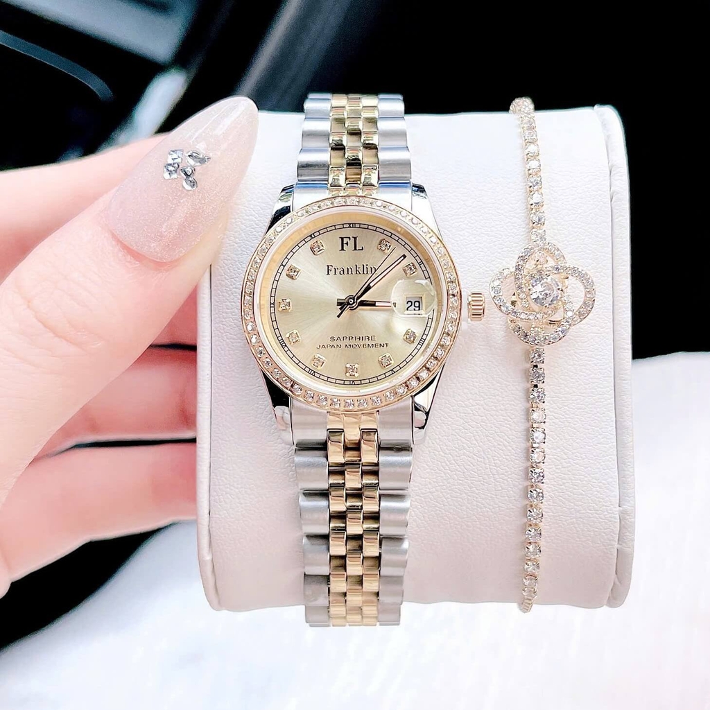 Set Đồng Hồ Nữ Franklin FL4412 Dây Thép Demi Vàng Size 28mm Quartz Tặng Kèm Vòng Tay