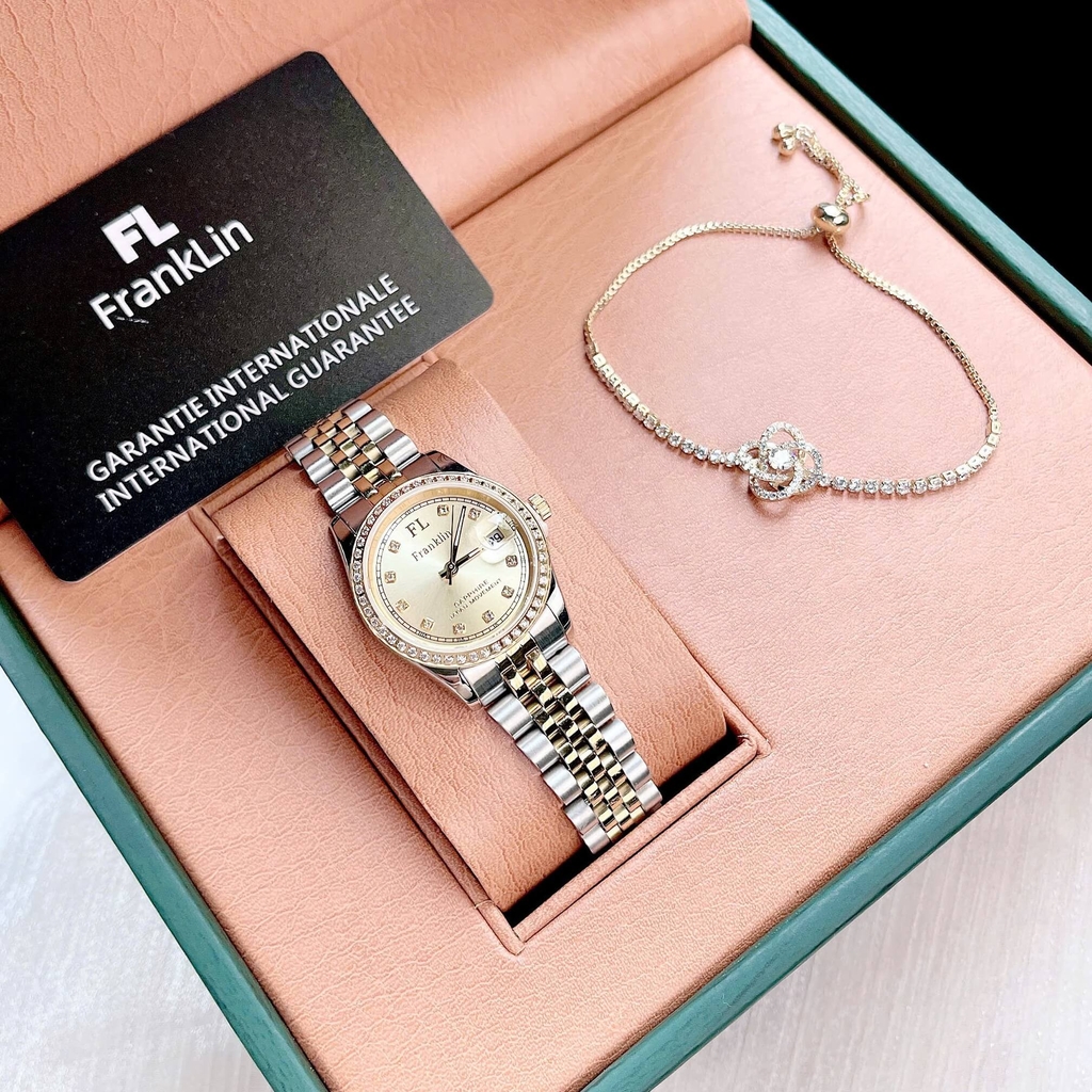 Set Đồng Hồ Nữ Franklin FL4412 Dây Thép Demi Vàng Size 28mm Quartz Tặng Kèm Vòng Tay