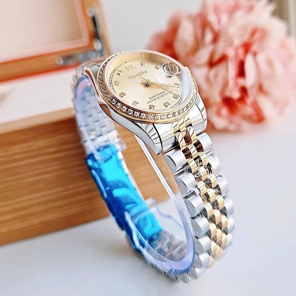 Set Đồng Hồ Nữ Franklin FL4412 Dây Thép Demi Vàng Size 28mm Quartz Tặng Kèm Vòng Tay