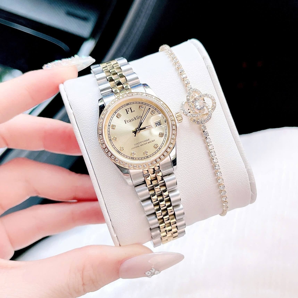 Set Đồng Hồ Nữ Franklin FL4412 Dây Thép Demi Vàng Size 28mm Quartz Tặng Kèm Vòng Tay