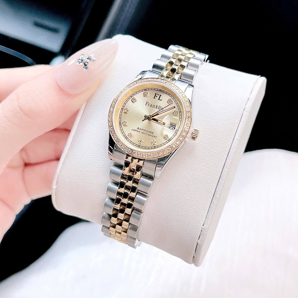 Set Đồng Hồ Nữ Franklin FL4412 Dây Thép Demi Vàng Size 28mm Quartz Tặng Kèm Vòng Tay