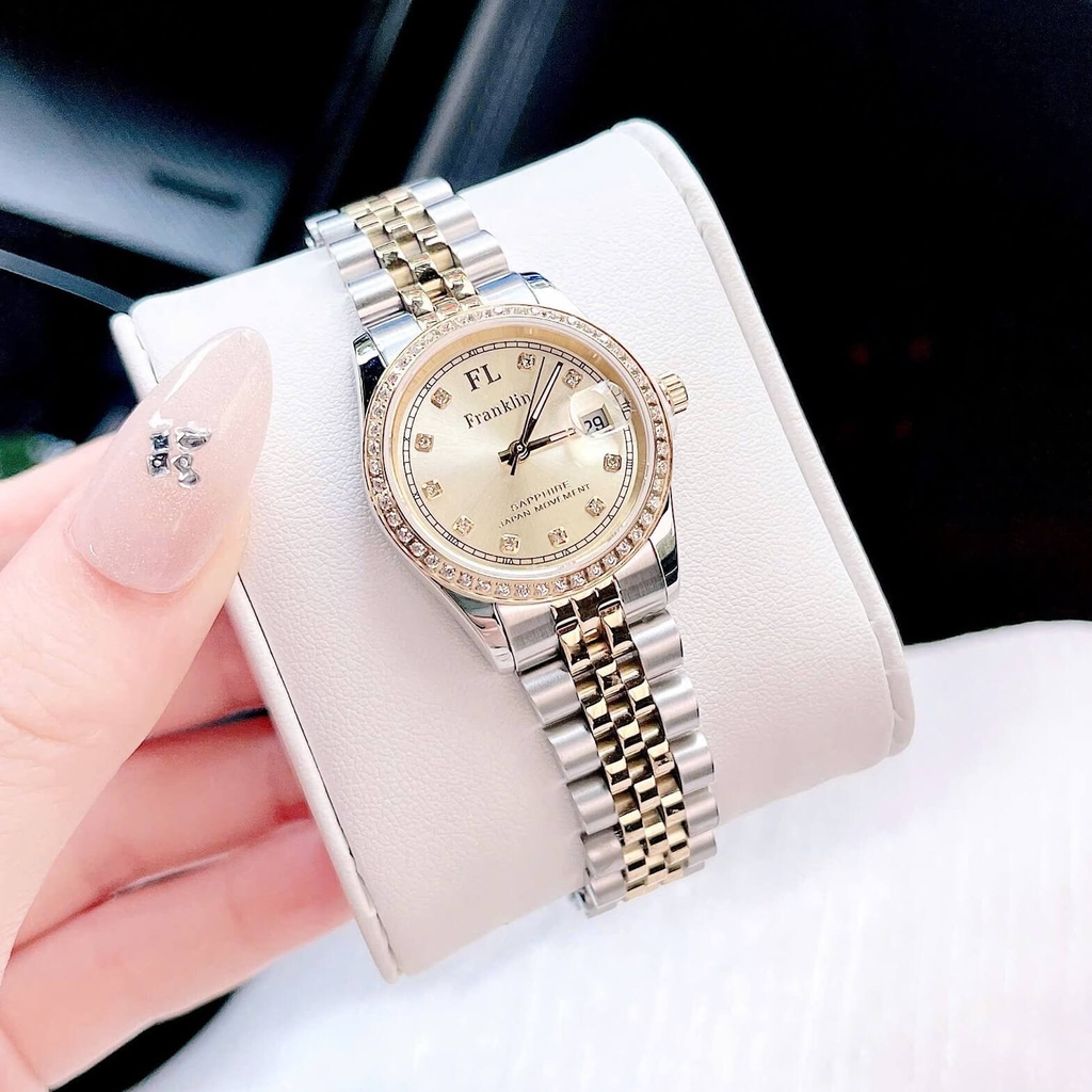 Set Đồng Hồ Nữ Franklin FL4412 Dây Thép Demi Vàng Size 28mm Quartz Tặng Kèm Vòng Tay