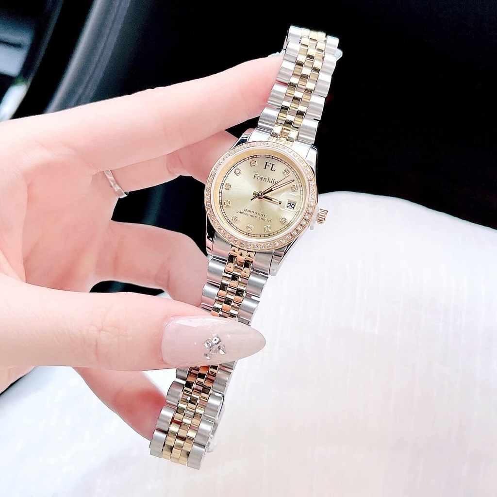 Set Đồng Hồ Nữ Franklin FL4412 Dây Thép Demi Vàng Size 28mm Quartz Tặng Kèm Vòng Tay