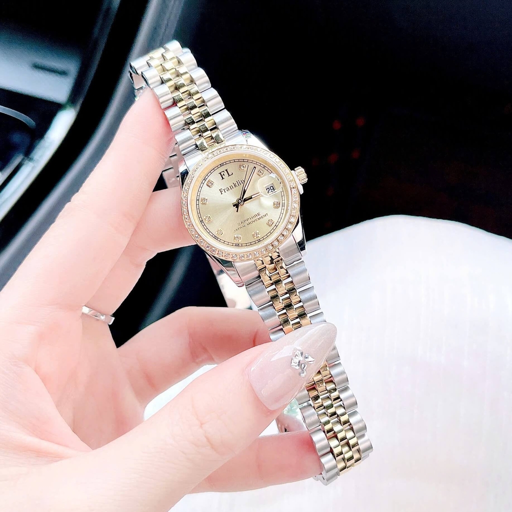 Set Đồng Hồ Nữ Franklin FL4412 Dây Thép Demi Vàng Size 28mm Quartz Tặng Kèm Vòng Tay