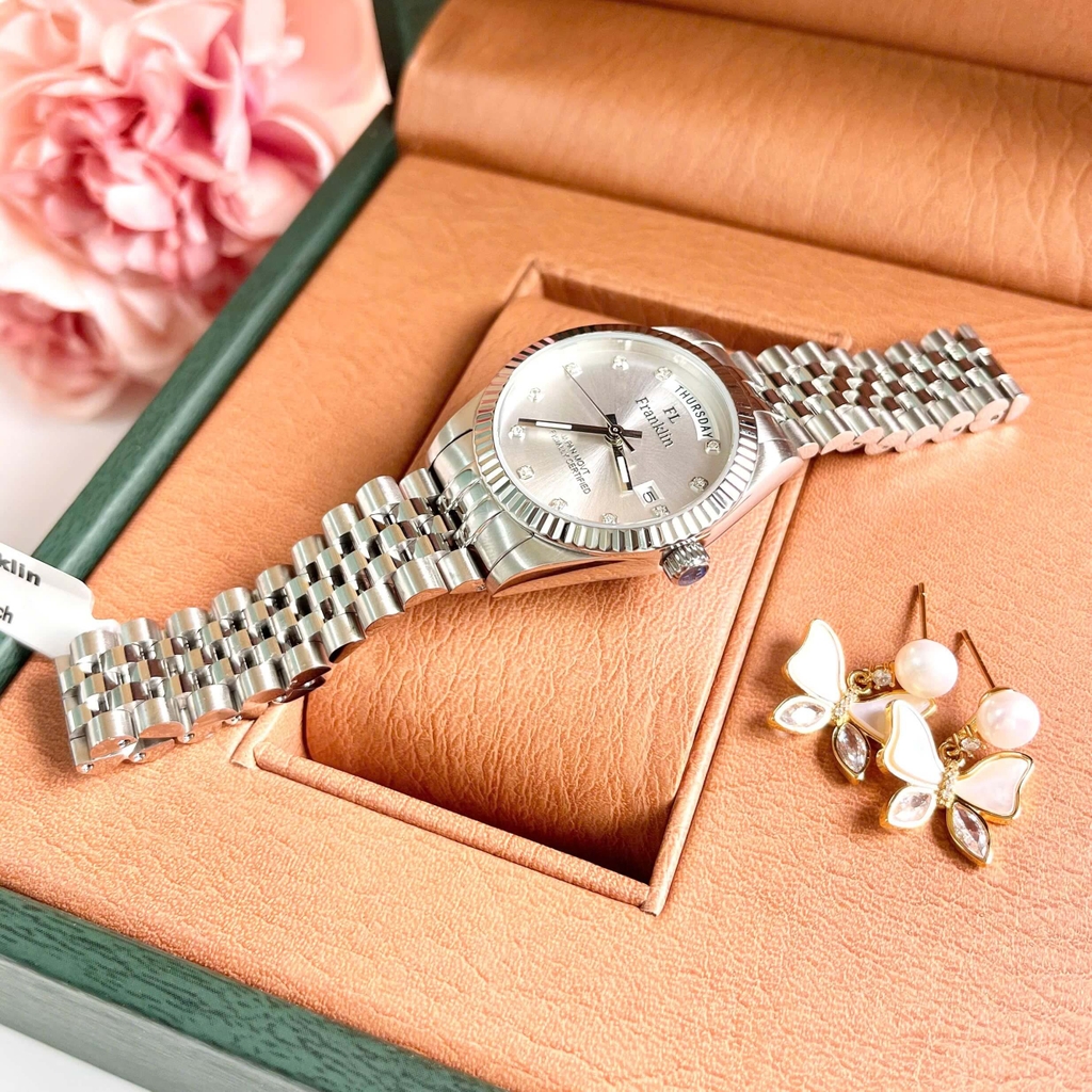 Set Đồng Hồ Nữ Franklin FL5088 Chính Hãng Màu Bạc Mặt Trắng Size 31mm Quartz Kèm Bông Tai