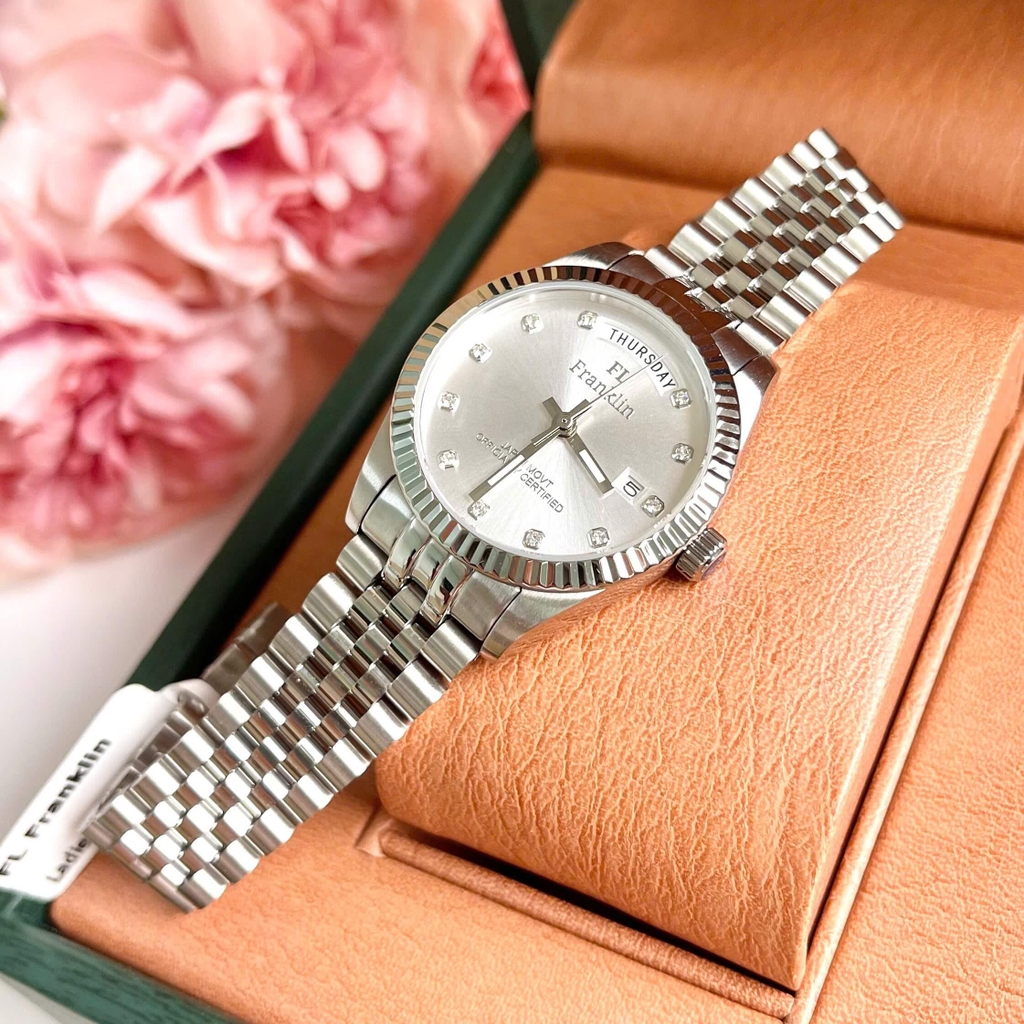 Set Đồng Hồ Nữ Franklin FL5088 Chính Hãng Màu Bạc Mặt Trắng Size 31mm Quartz Kèm Bông Tai
