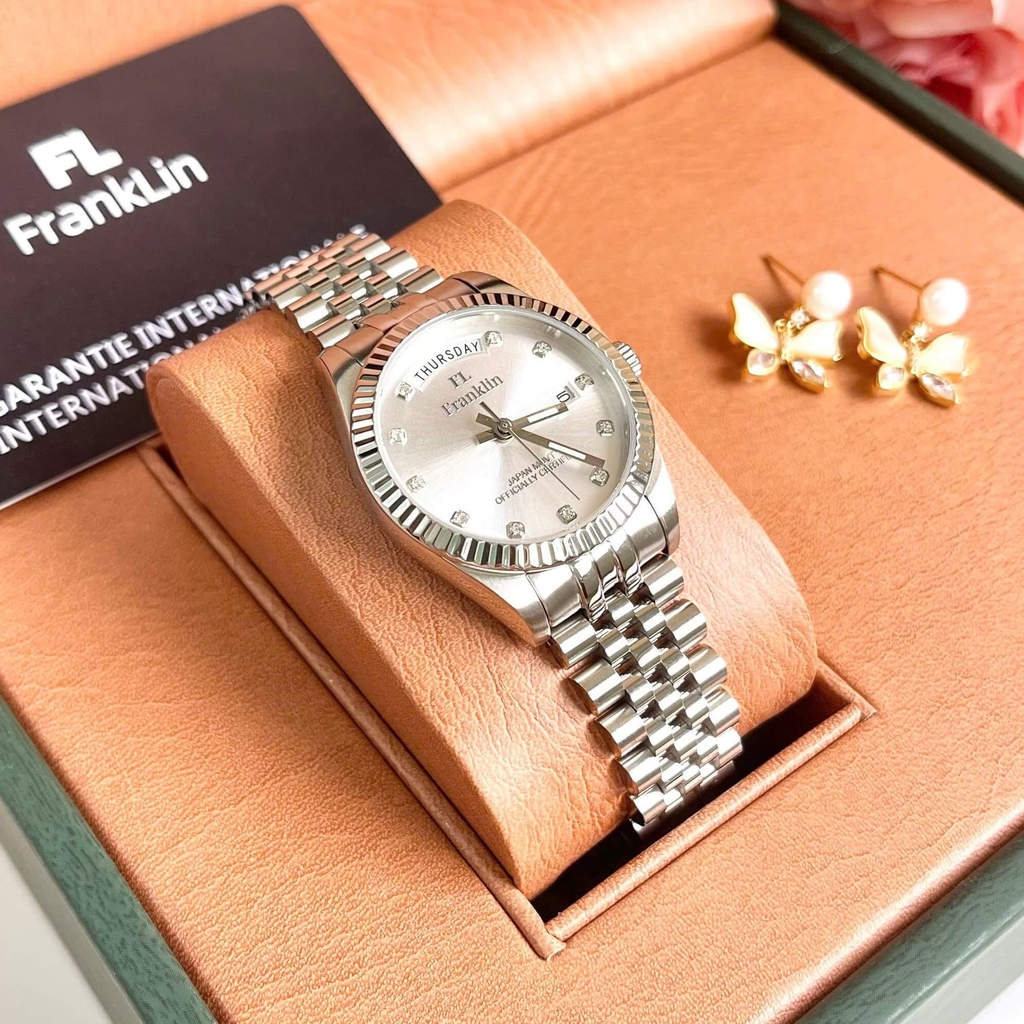 Set Đồng Hồ Nữ Franklin FL5088 Chính Hãng Màu Bạc Mặt Trắng Size 31mm Quartz Kèm Bông Tai