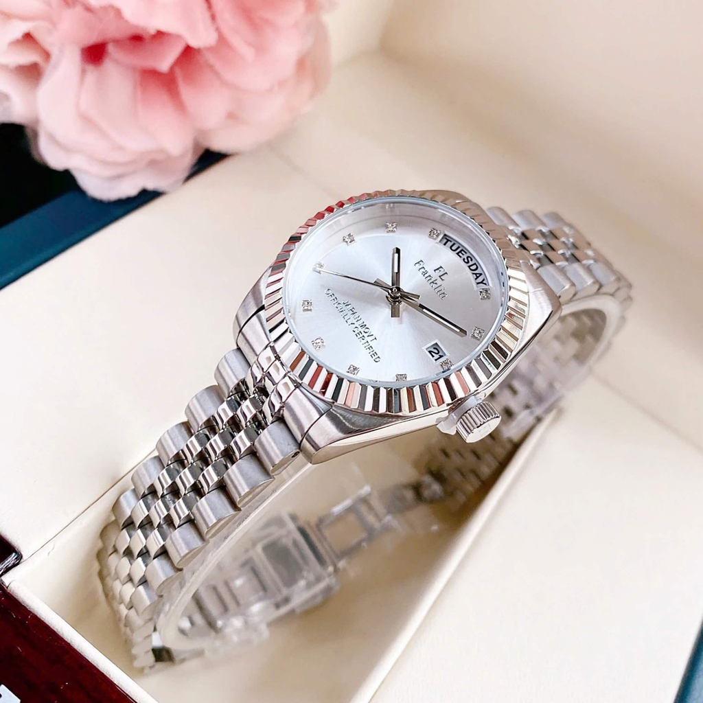 Set Đồng Hồ Nữ Franklin FL5088 Chính Hãng Màu Bạc Mặt Trắng Size 31mm Quartz Kèm Bông Tai