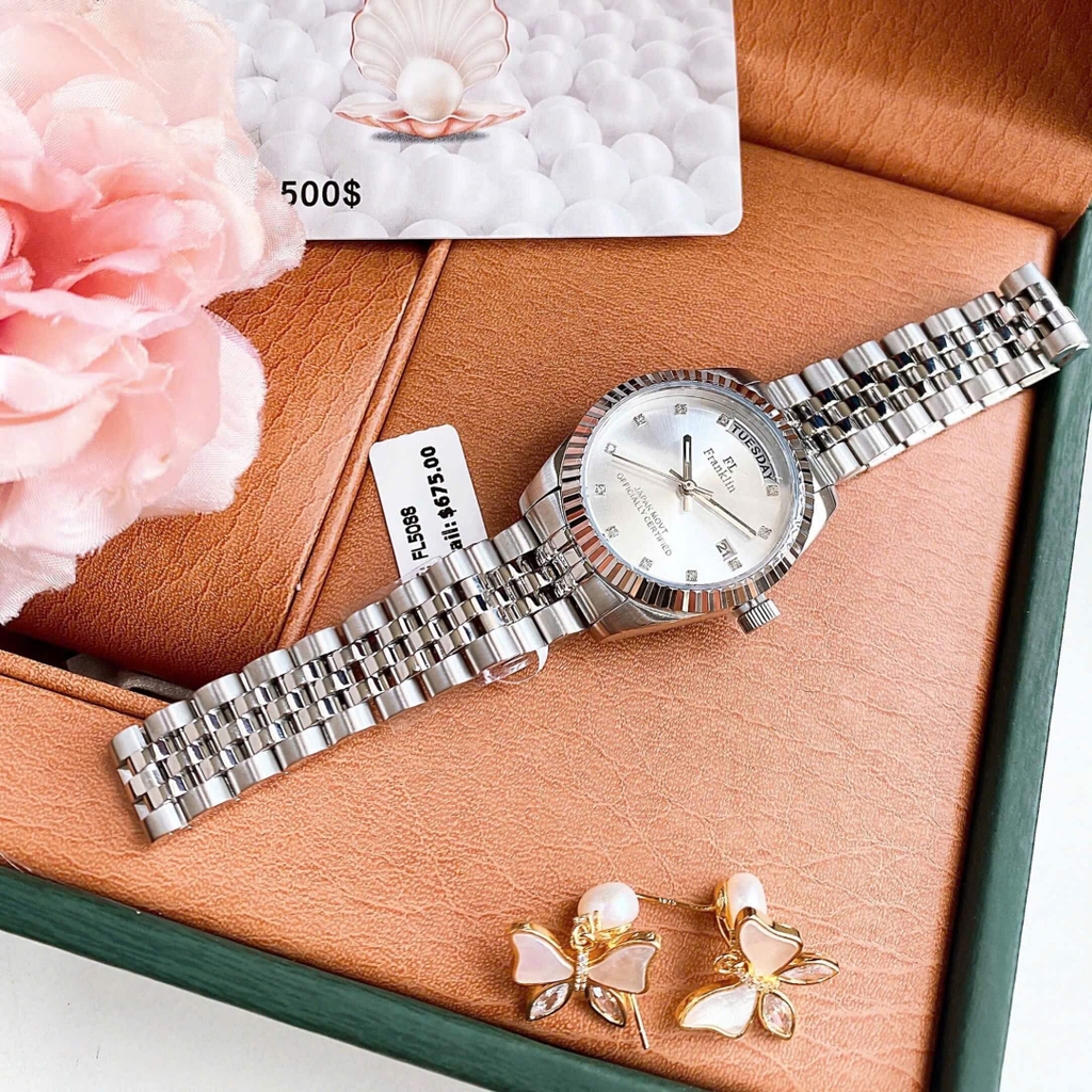 Set Đồng Hồ Nữ Franklin FL5088 Chính Hãng Màu Bạc Mặt Trắng Size 31mm Quartz Kèm Bông Tai