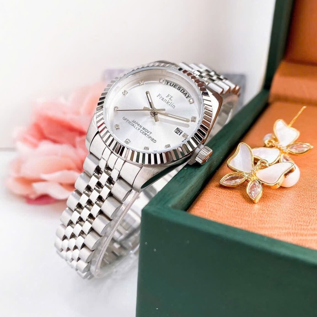 Set Đồng Hồ Nữ Franklin FL5088 Chính Hãng Màu Bạc Mặt Trắng Size 31mm Quartz Kèm Bông Tai