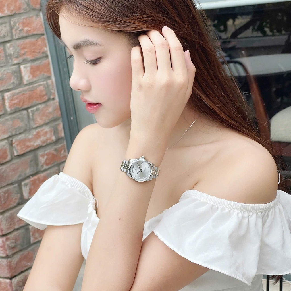 Set Đồng Hồ Nữ Franklin FL5088 Chính Hãng Màu Bạc Mặt Trắng Size 31mm Quartz Kèm Bông Tai