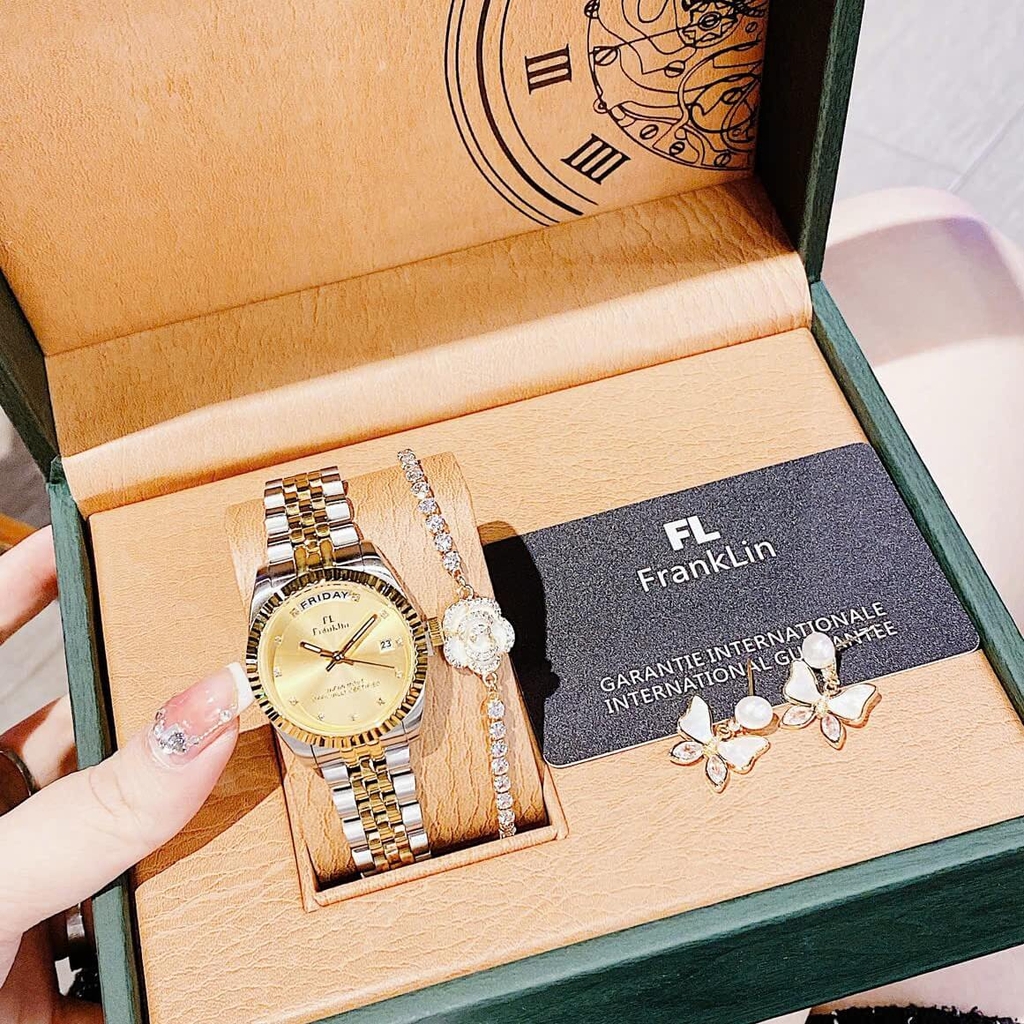 Set Đồng Hồ Nữ Franklin FL5088 Chính Hãng Màu Demi Vàng Gold Size 31mm Quartz Kèm Bông Tai
