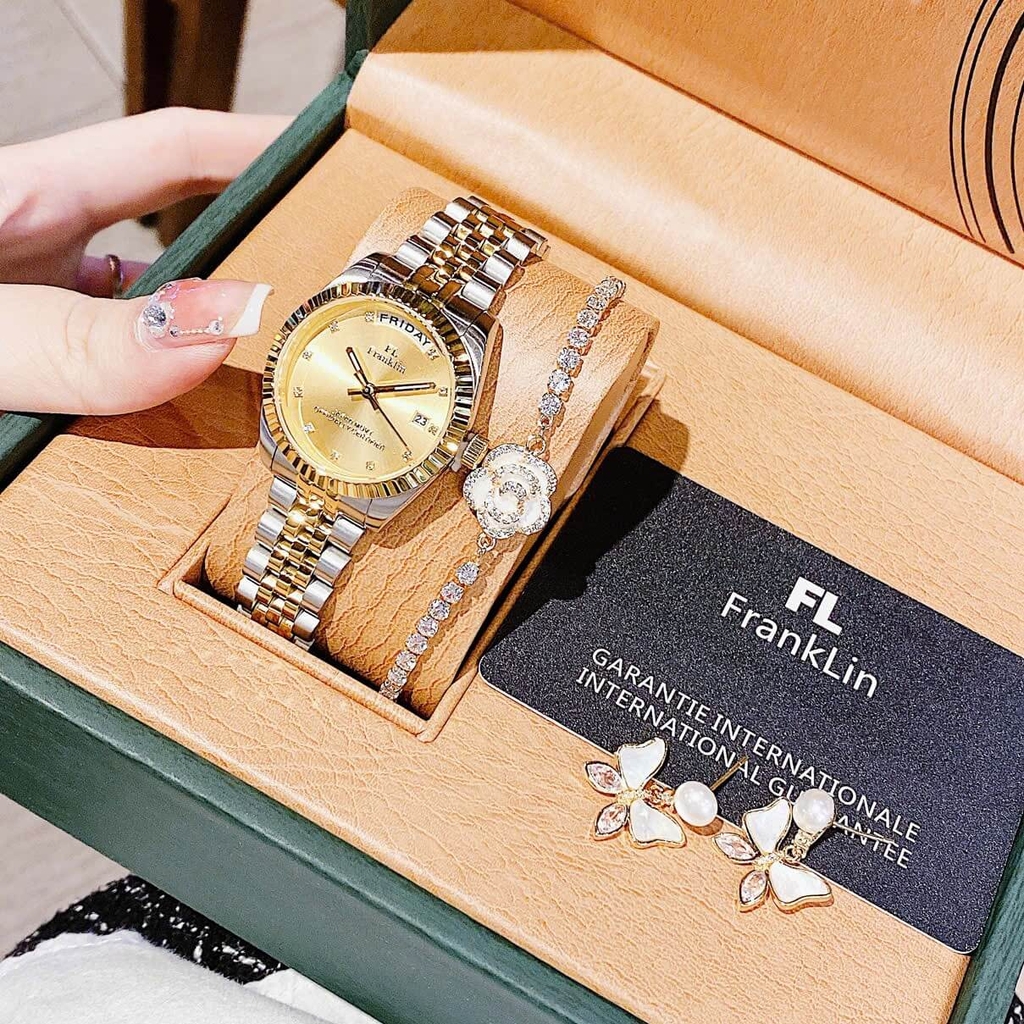 Set Đồng Hồ Nữ Franklin FL5088 Chính Hãng Màu Demi Vàng Gold Size 31mm Quartz Kèm Bông Tai