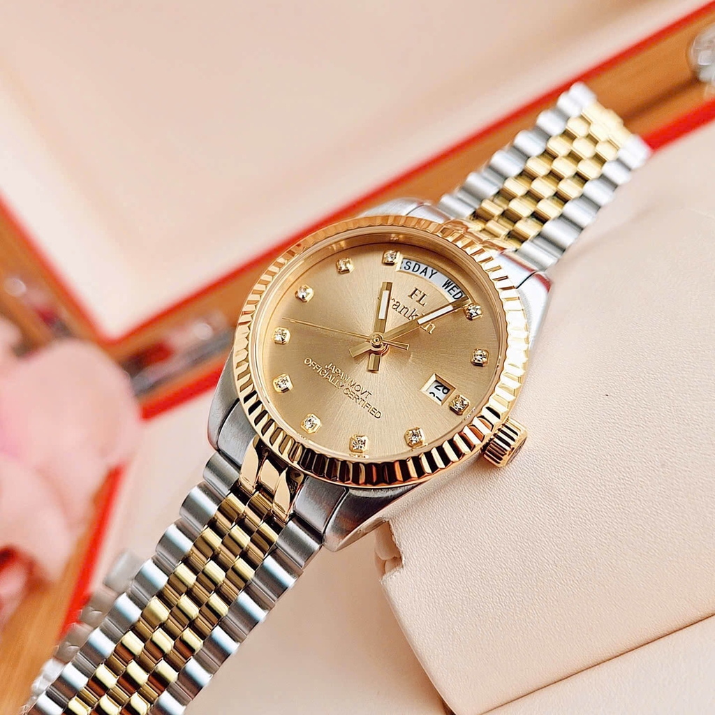 Set Đồng Hồ Nữ Franklin FL5088 Chính Hãng Màu Demi Vàng Gold Size 31mm Quartz Kèm Bông Tai