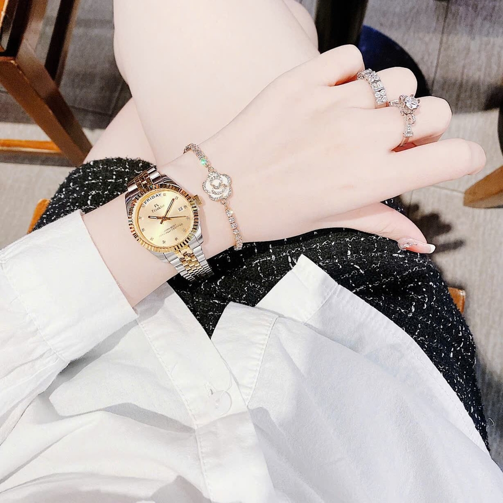 Set Đồng Hồ Nữ Franklin FL5088 Chính Hãng Màu Demi Vàng Gold Size 31mm Quartz Kèm Bông Tai