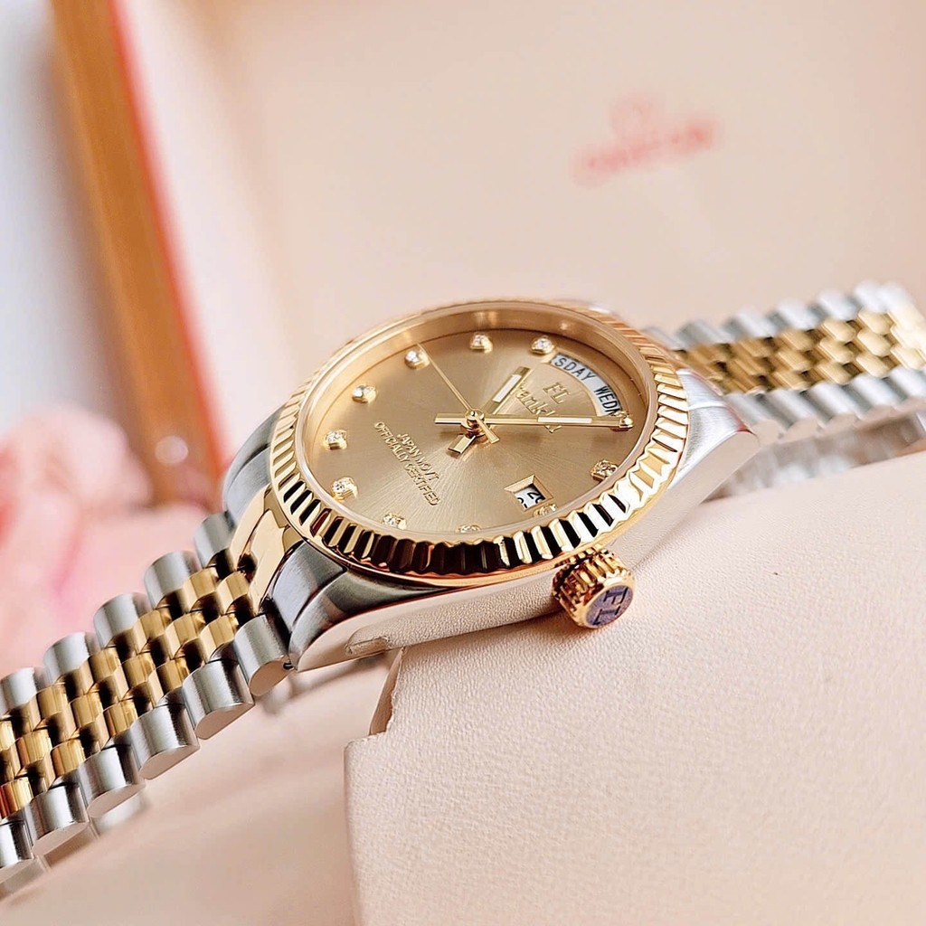 Set Đồng Hồ Nữ Franklin FL5088 Chính Hãng Màu Demi Vàng Gold Size 31mm Quartz Kèm Bông Tai