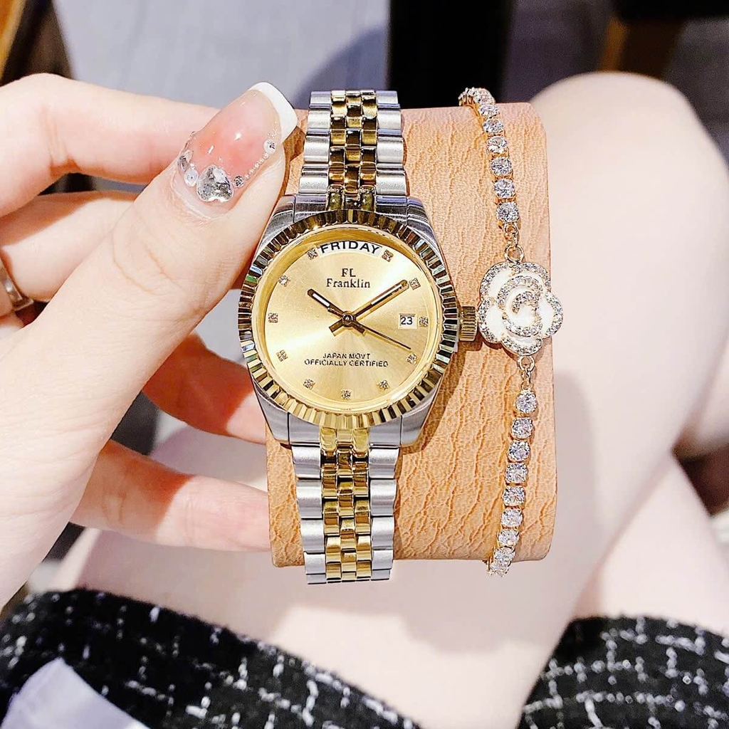 Set Đồng Hồ Nữ Franklin FL5088 Chính Hãng Màu Demi Vàng Gold Size 31mm Quartz Kèm Bông Tai