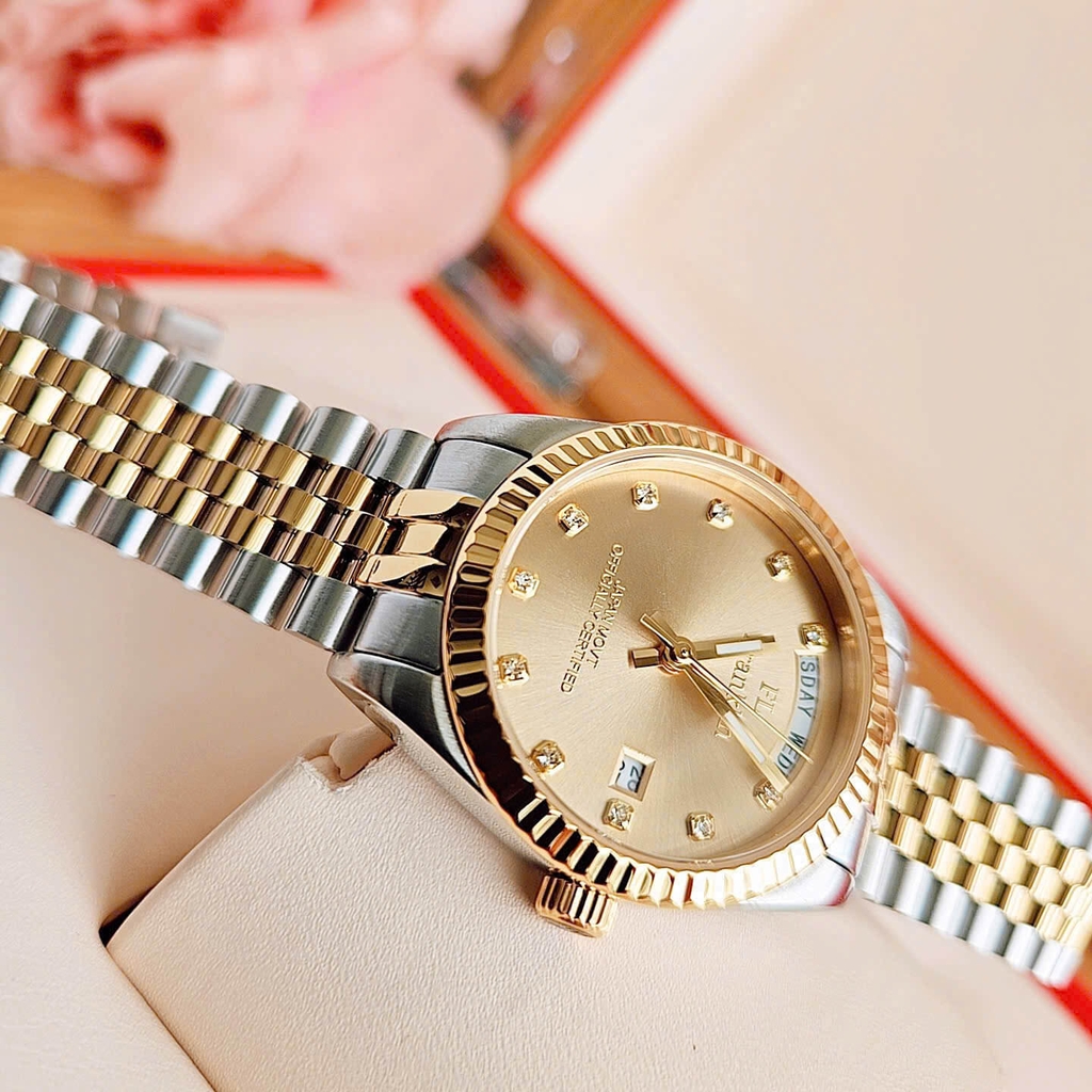 Set Đồng Hồ Nữ Franklin FL5088 Chính Hãng Màu Demi Vàng Gold Size 31mm Quartz Kèm Bông Tai