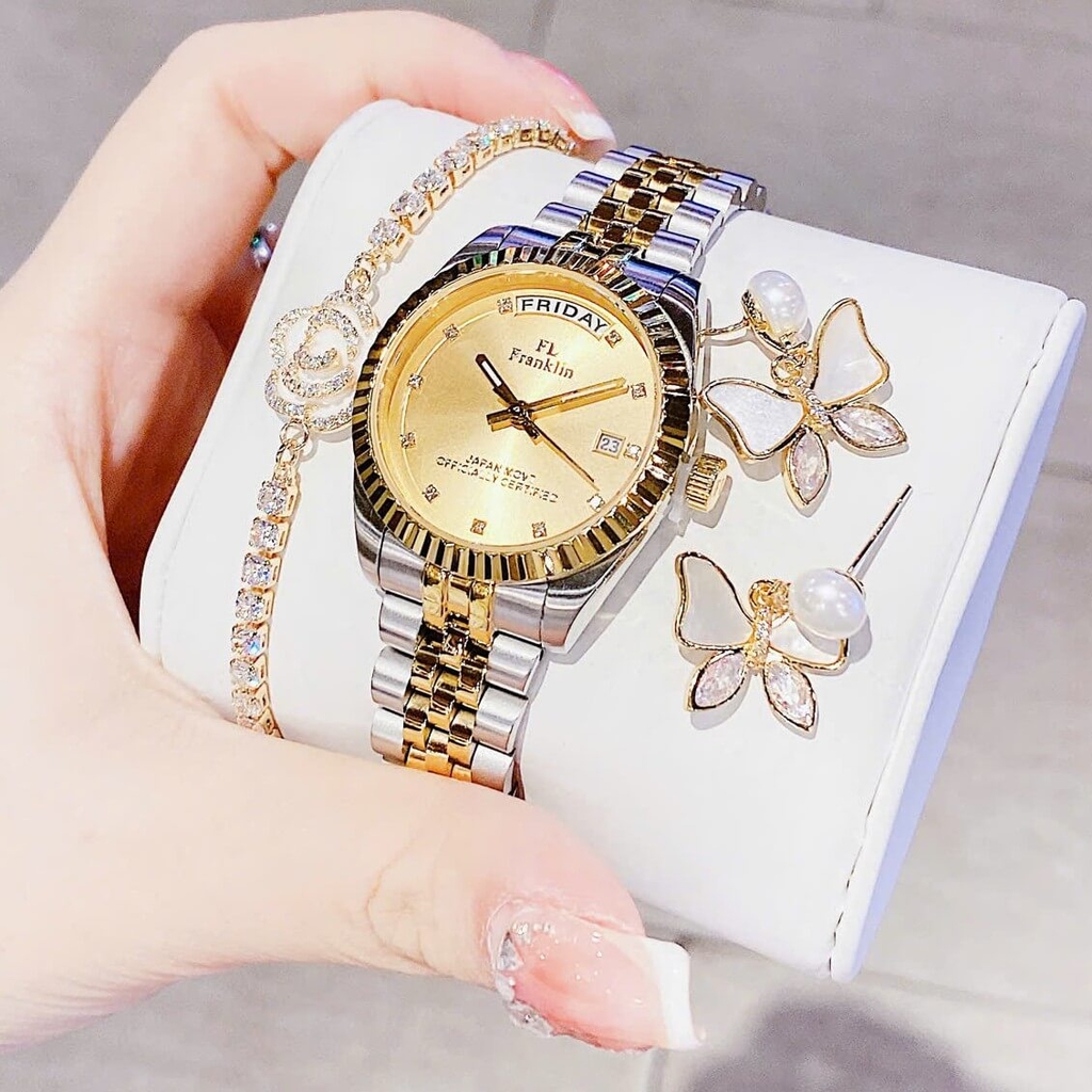Set Đồng Hồ Nữ Franklin FL5088 Chính Hãng Màu Demi Vàng Gold Size 31mm Quartz Kèm Bông Tai